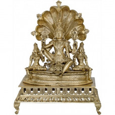 कांस्यलोहः आदिशेषस्योपरि महाविष्णुः (श्रीदेवीभूदेवीसहितः) [Super Fine Bronze Mahavishnu Sitting On Adishesha Along With Sridevi And Bhoodevi]